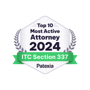 Patexia badge; Top 10 Most Active Attorney 2024 ITC Section 337